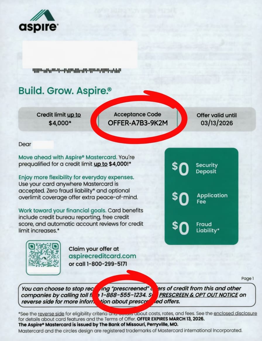 Aspire credit card standard letter showing Acceptance Code in top right box