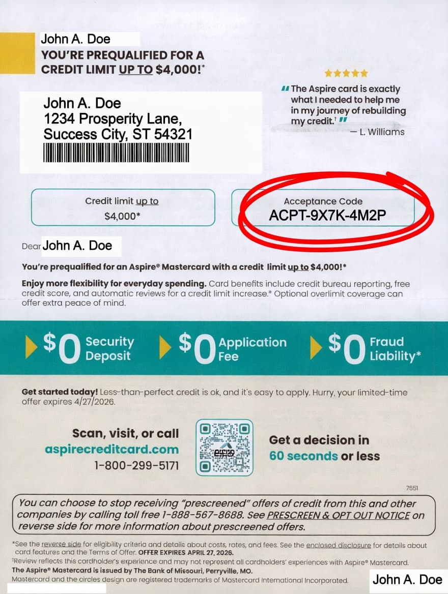 Aspire credit card snap-pack mailer showing Acceptance Code on perforated voucher