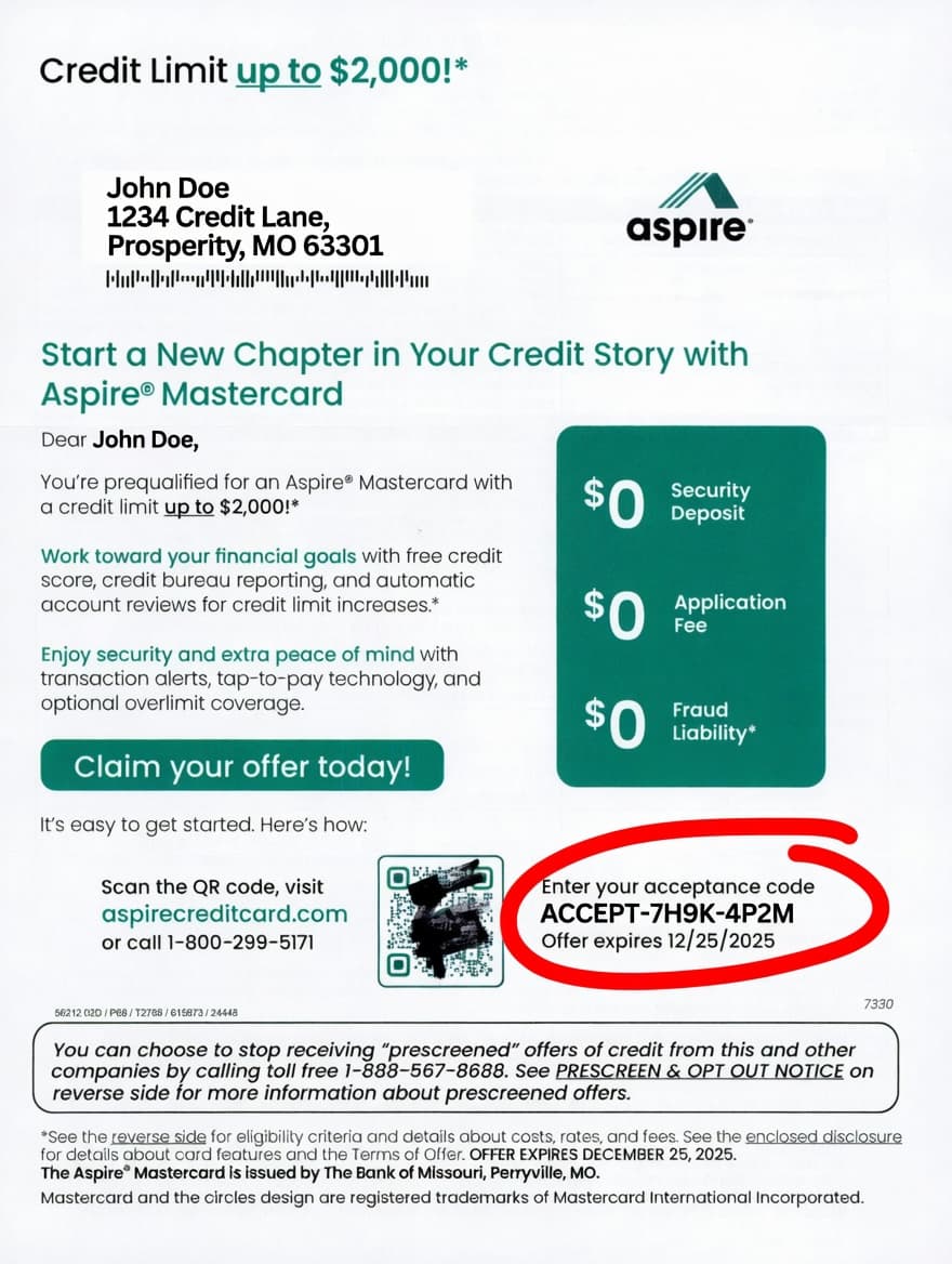 Aspire Mastercard cash back offer showing Acceptance Code banner