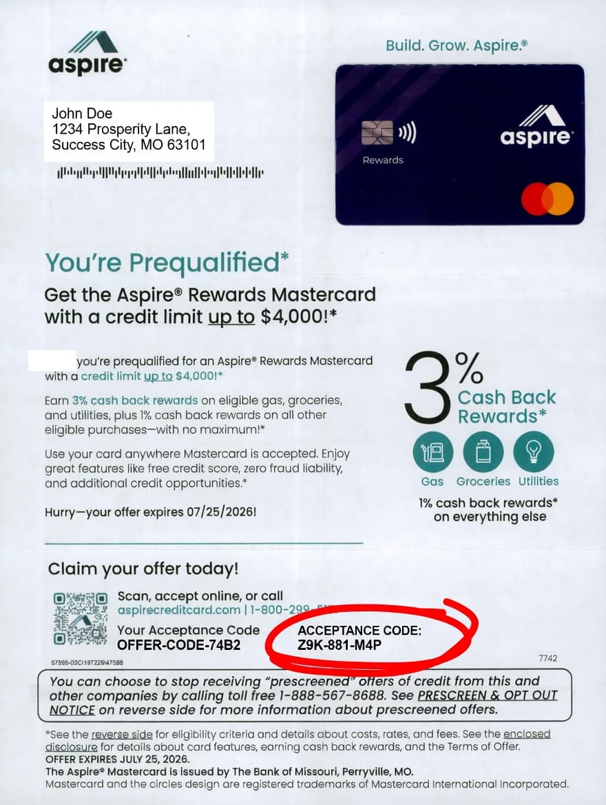 Aspire credit card postcard showing Acceptance Code above address block