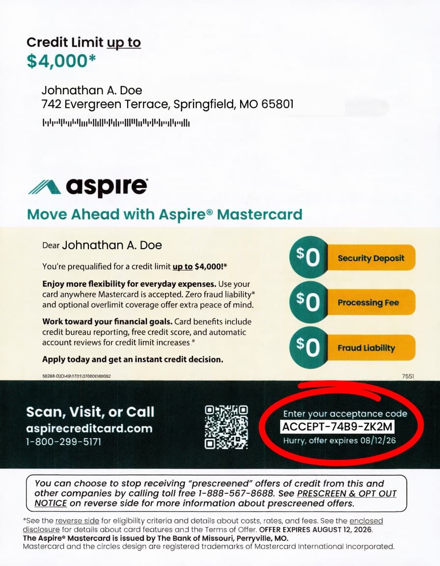 Aspire credit card fee sheet showing Acceptance Code in top margin