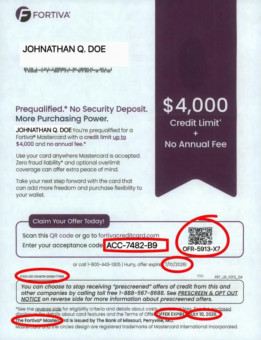 Sample Fortiva credit card direct mail letter showing Acceptance Code and myfortiva.com instructions