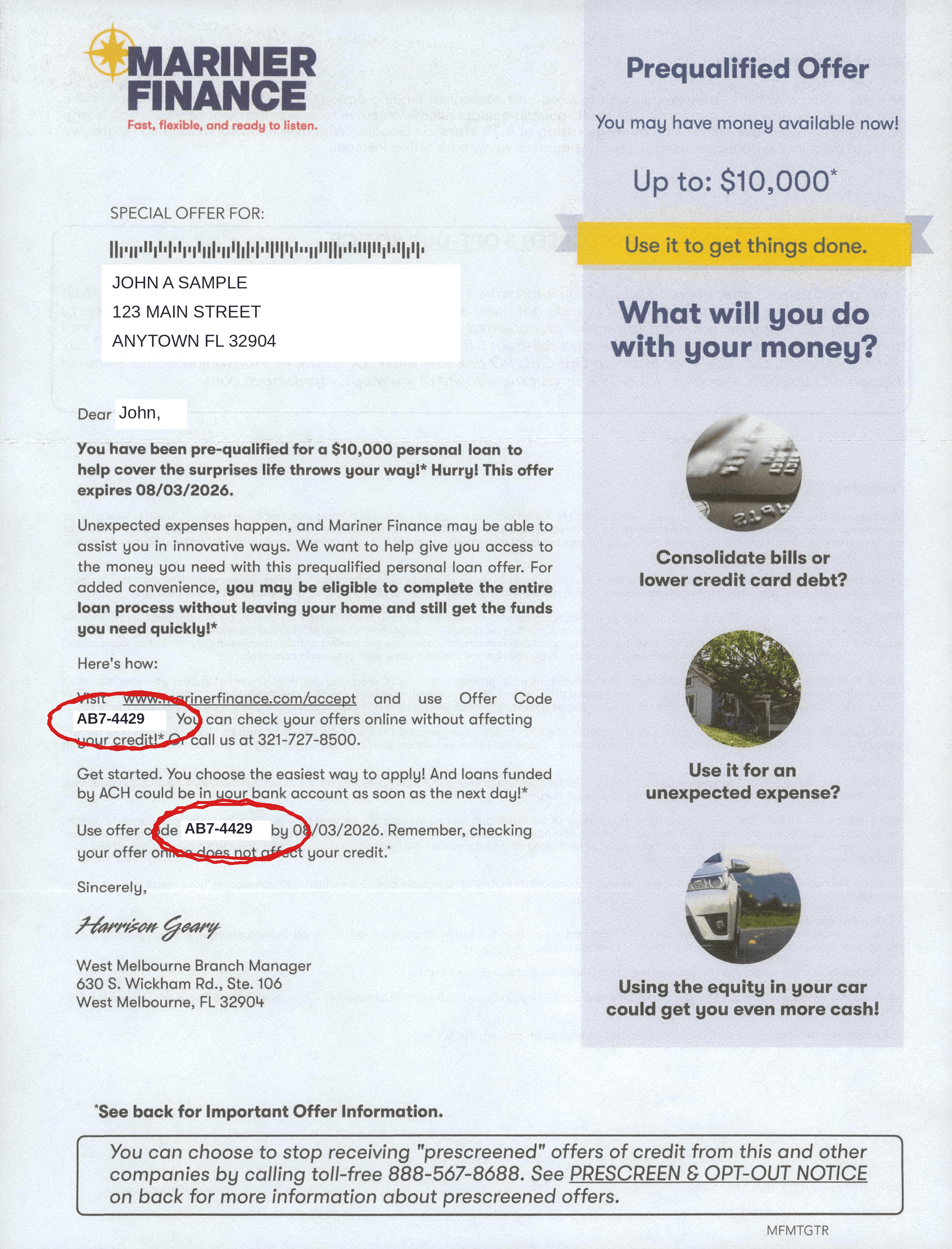 Mariner Finance tri-fold letter showing invitation offer code location