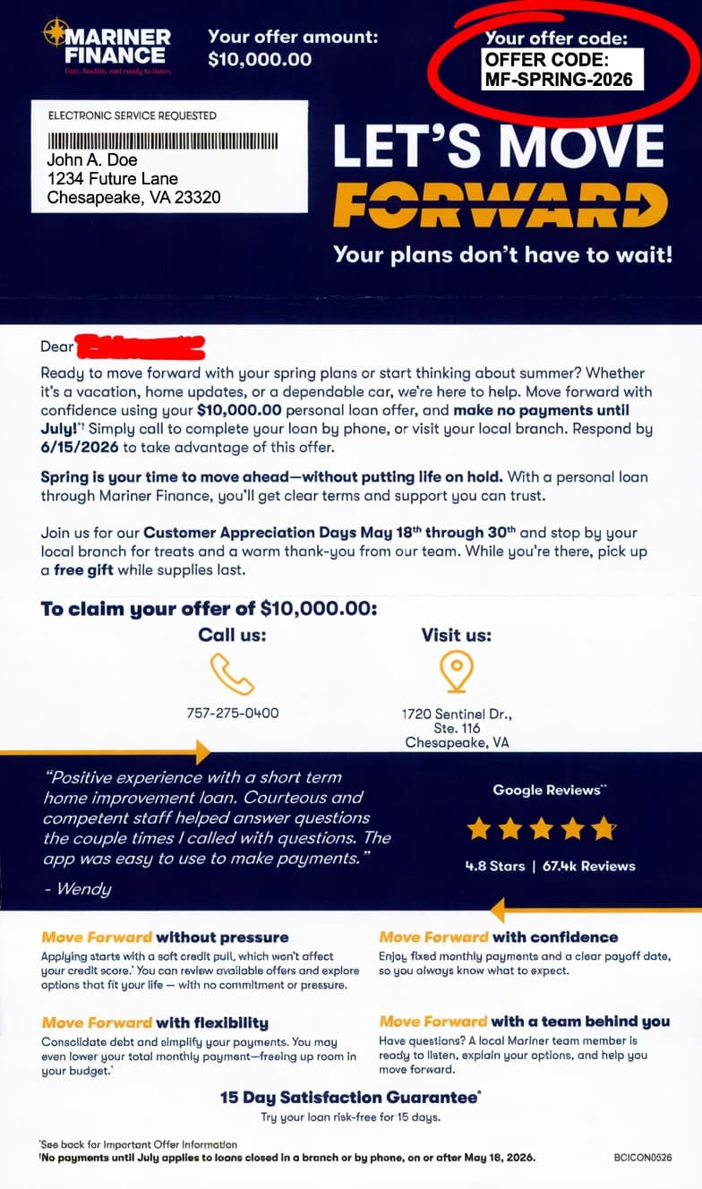 Mariner Finance postcard invitation showing offer code box