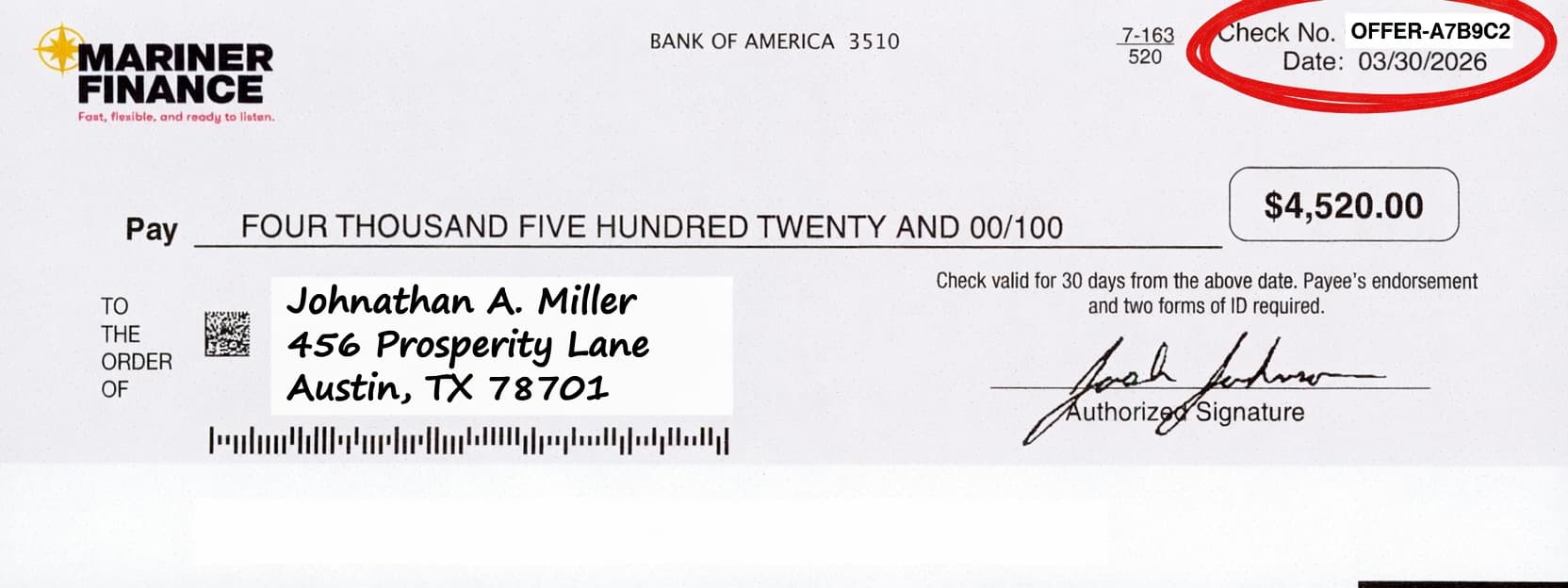 Mariner Finance auto title loan mailer showing offer code location