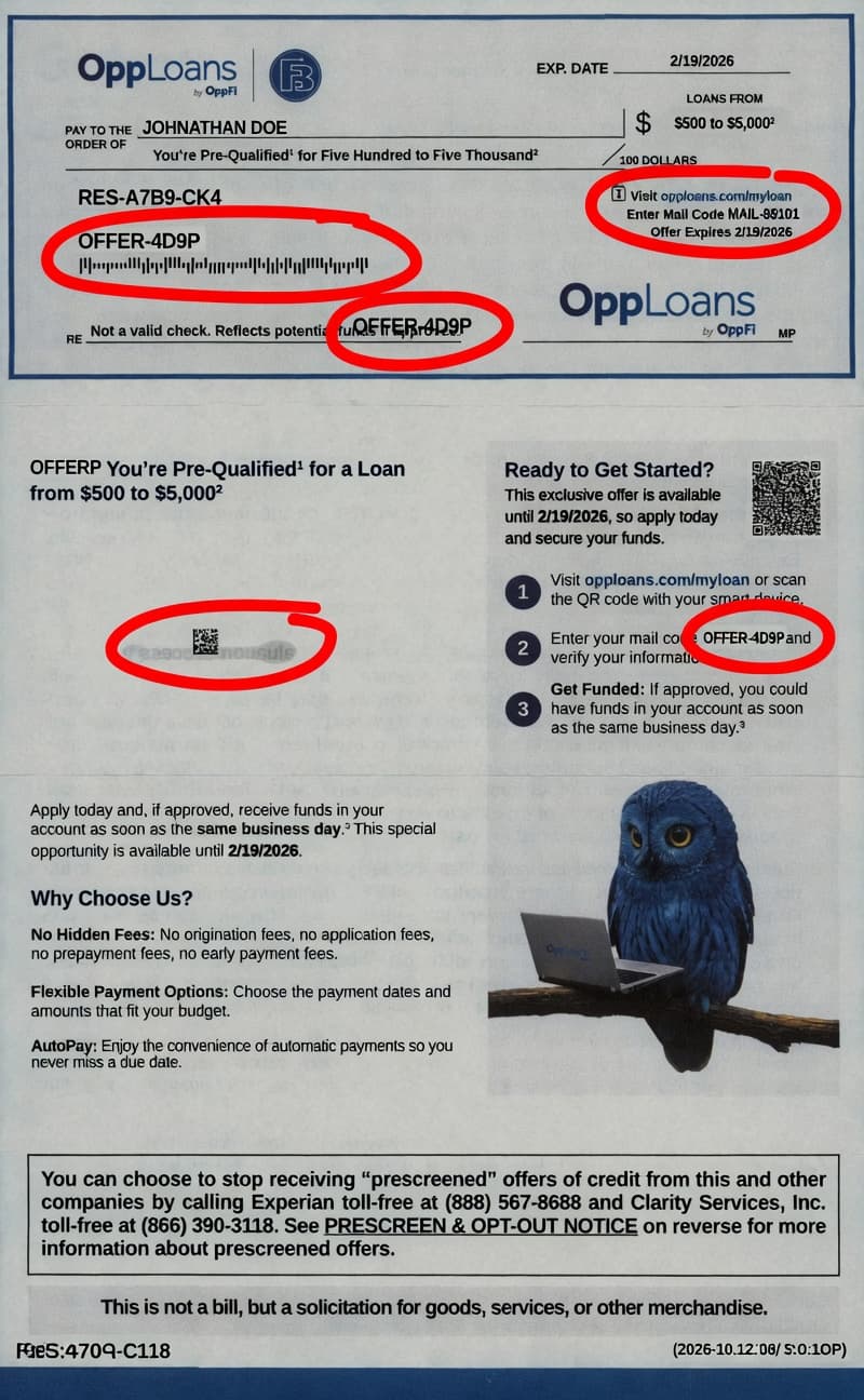 Sample OppFi OppLoans direct mail letter showing Mail Code and redemption steps