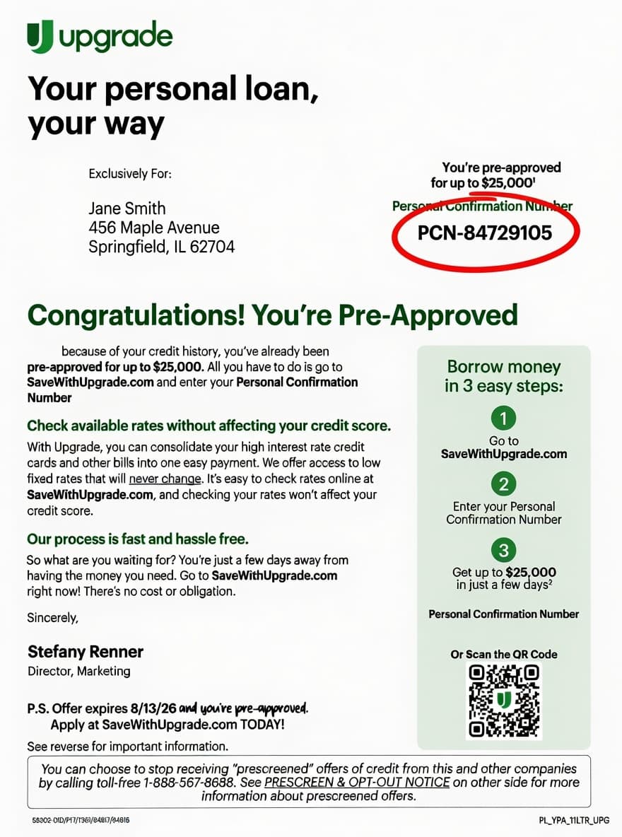 Upgrade personal loan tri-fold letter showing 15-digit PCN code in top right box
