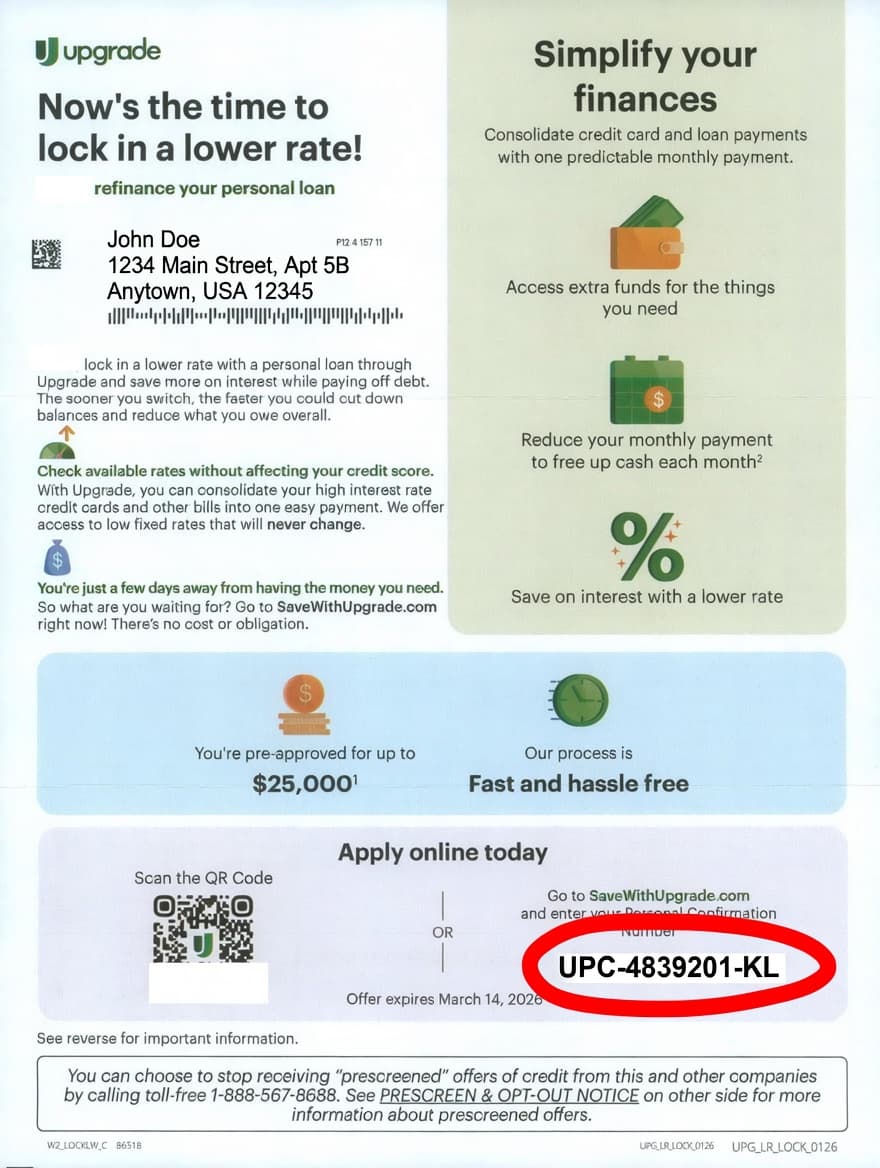 Upgrade snap pack perforated mailer showing 15-digit offer code location on bottom stub