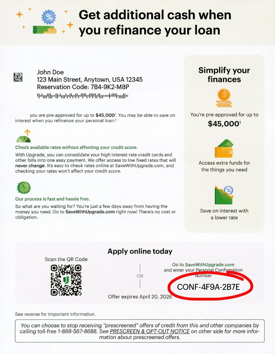 Upgrade live check mailer showing Personal Confirmation Number near interest terms