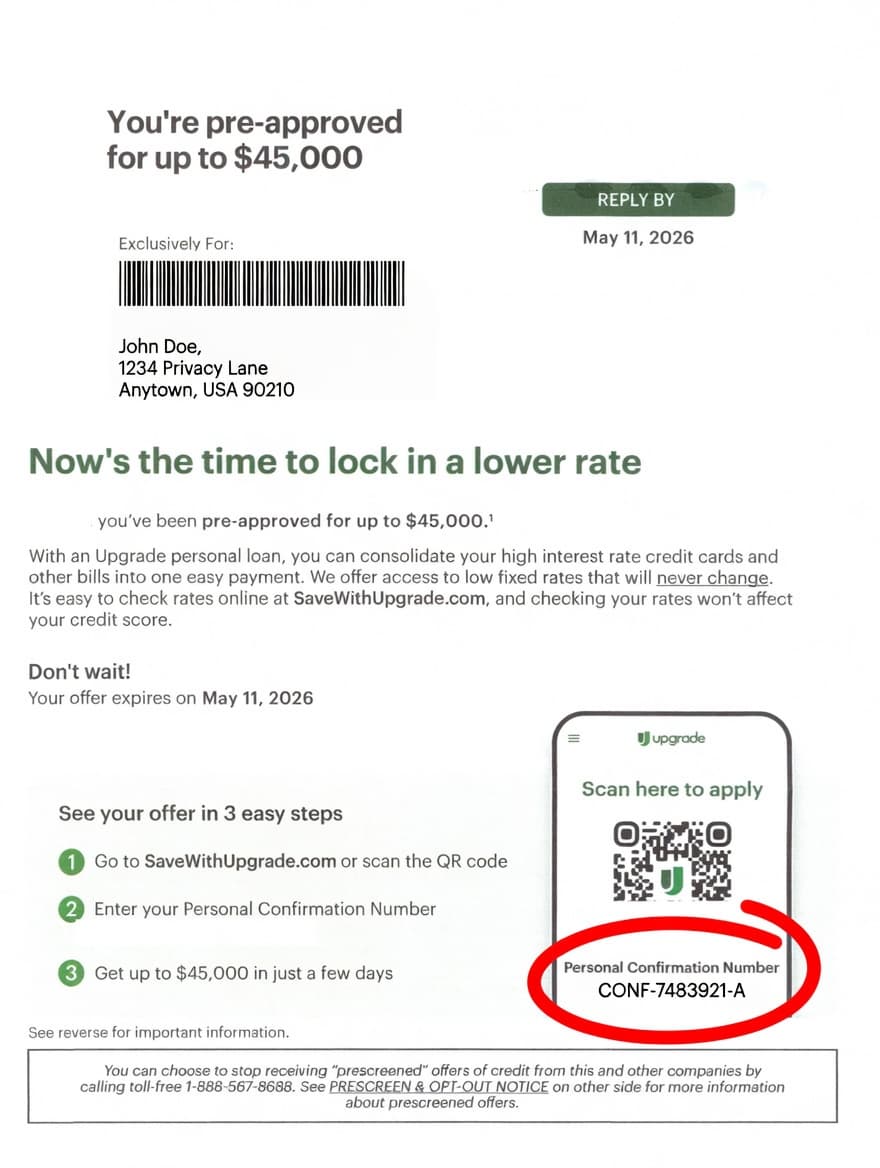 Upgrade postcard invitation showing 15-digit PCN number above address block