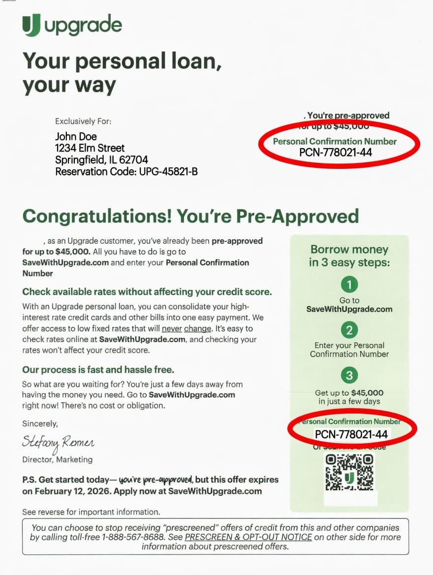 Upgrade debt consolidation offer statement showing PCN confirmation code location