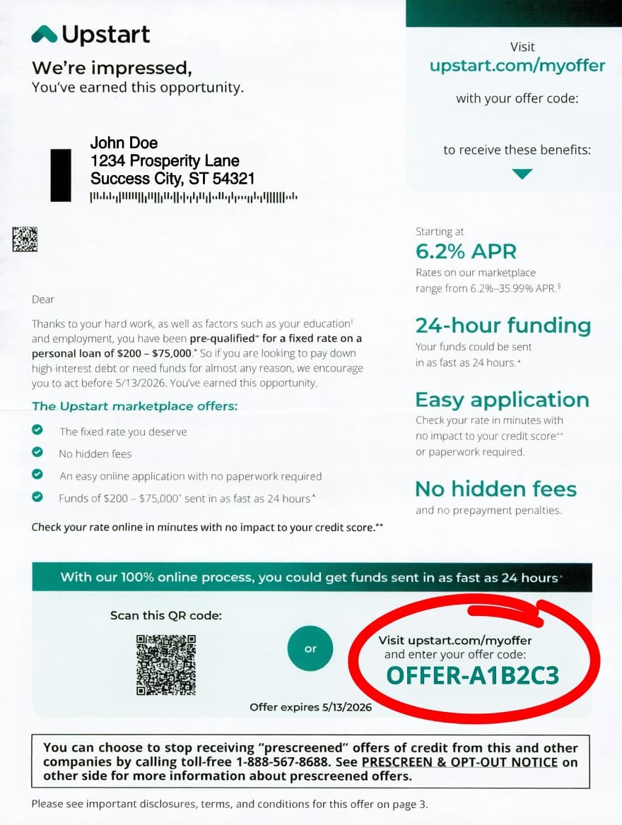 Upstart personal loan tri-fold letter showing 6-digit reservation code in top box