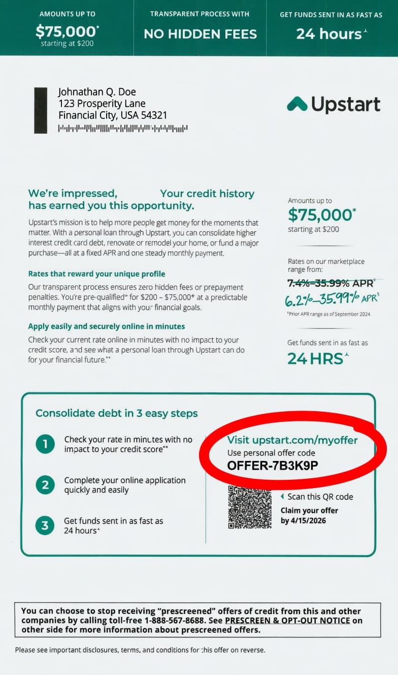 Upstart snap-pack perforated mailer showing offer code location on tear-off voucher