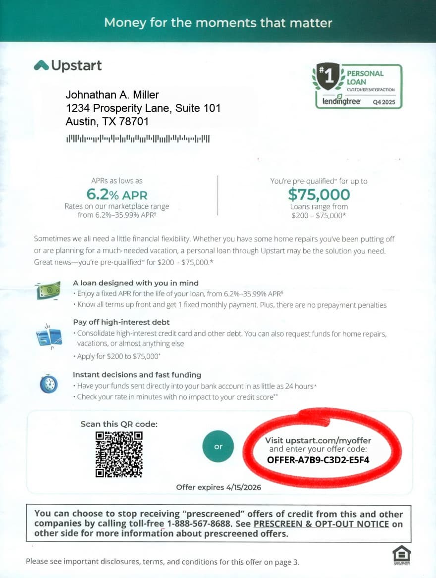 Upstart postcard loan invitation showing 6-digit reservation code above address block
