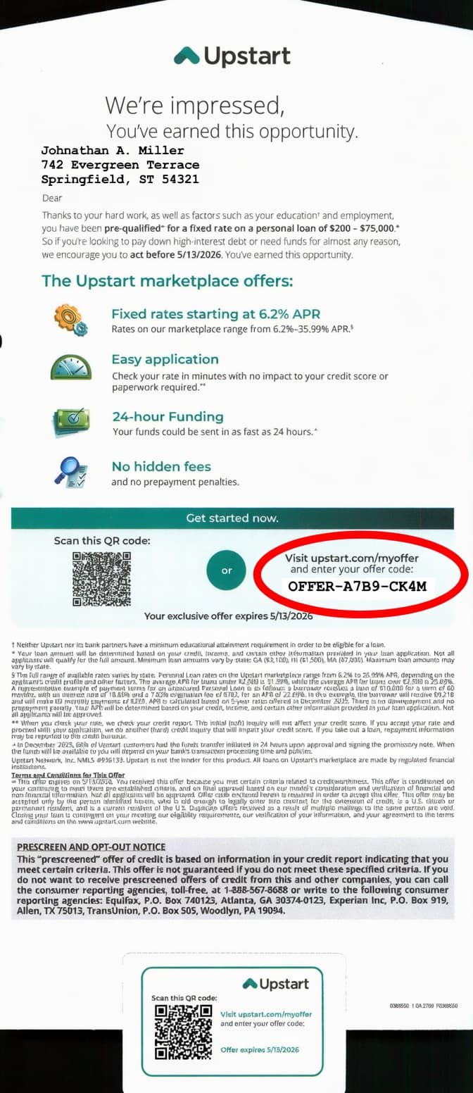 Upstart debt consolidation offer letter showing reservation code location