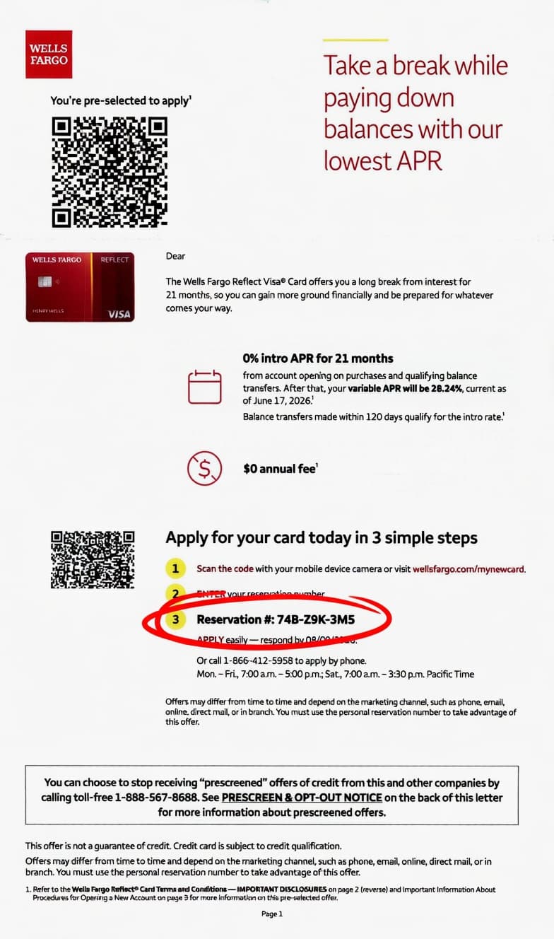 Wells Fargo Reflect card mailer showing 21-month intro APR and reservation number reply line