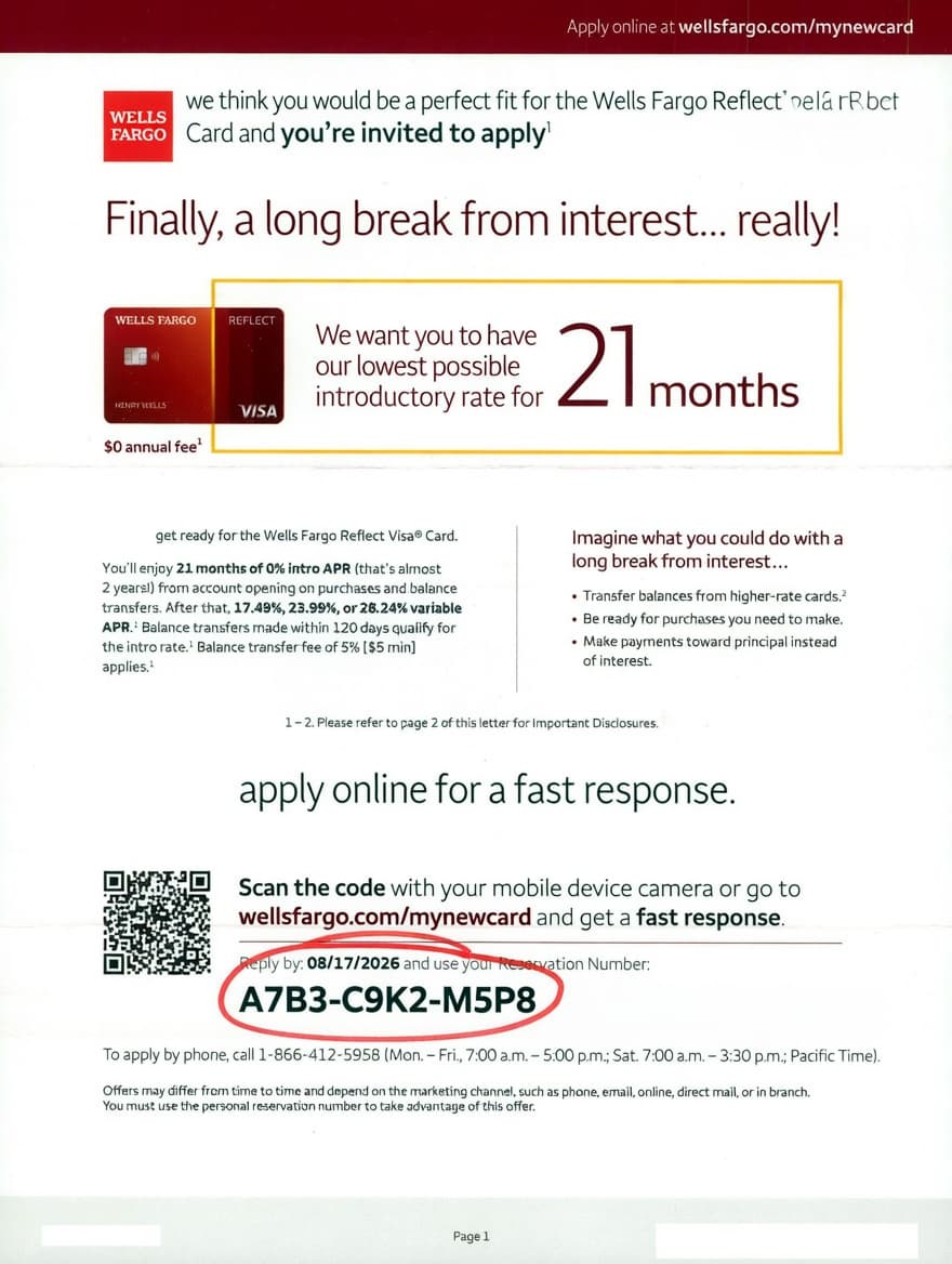 Wells Fargo Reflect mailer with three steps: scan QR, enter reservation number, apply