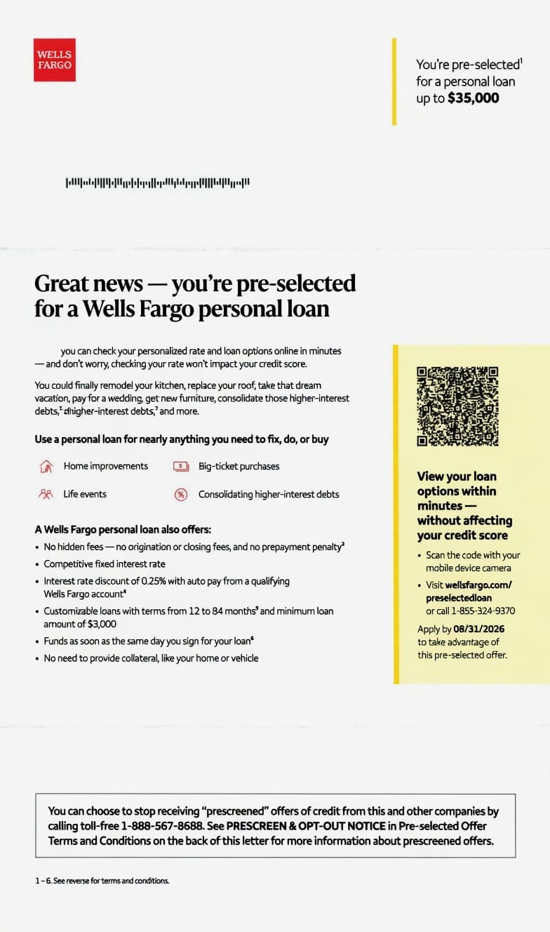 Wells Fargo personal loan mailer with preselectedloan URL and QR, no offer code
