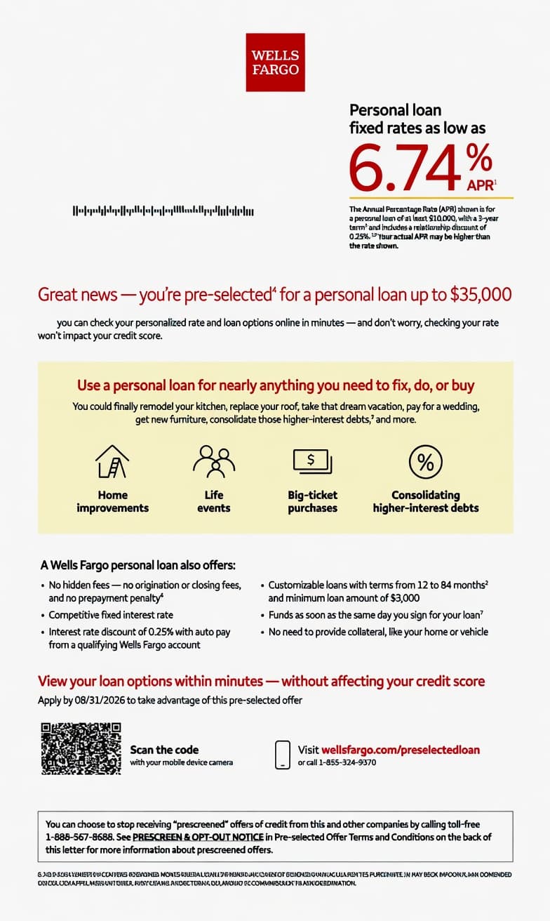 Wells Fargo pre-selected personal loan letter with QR and phone, no code
