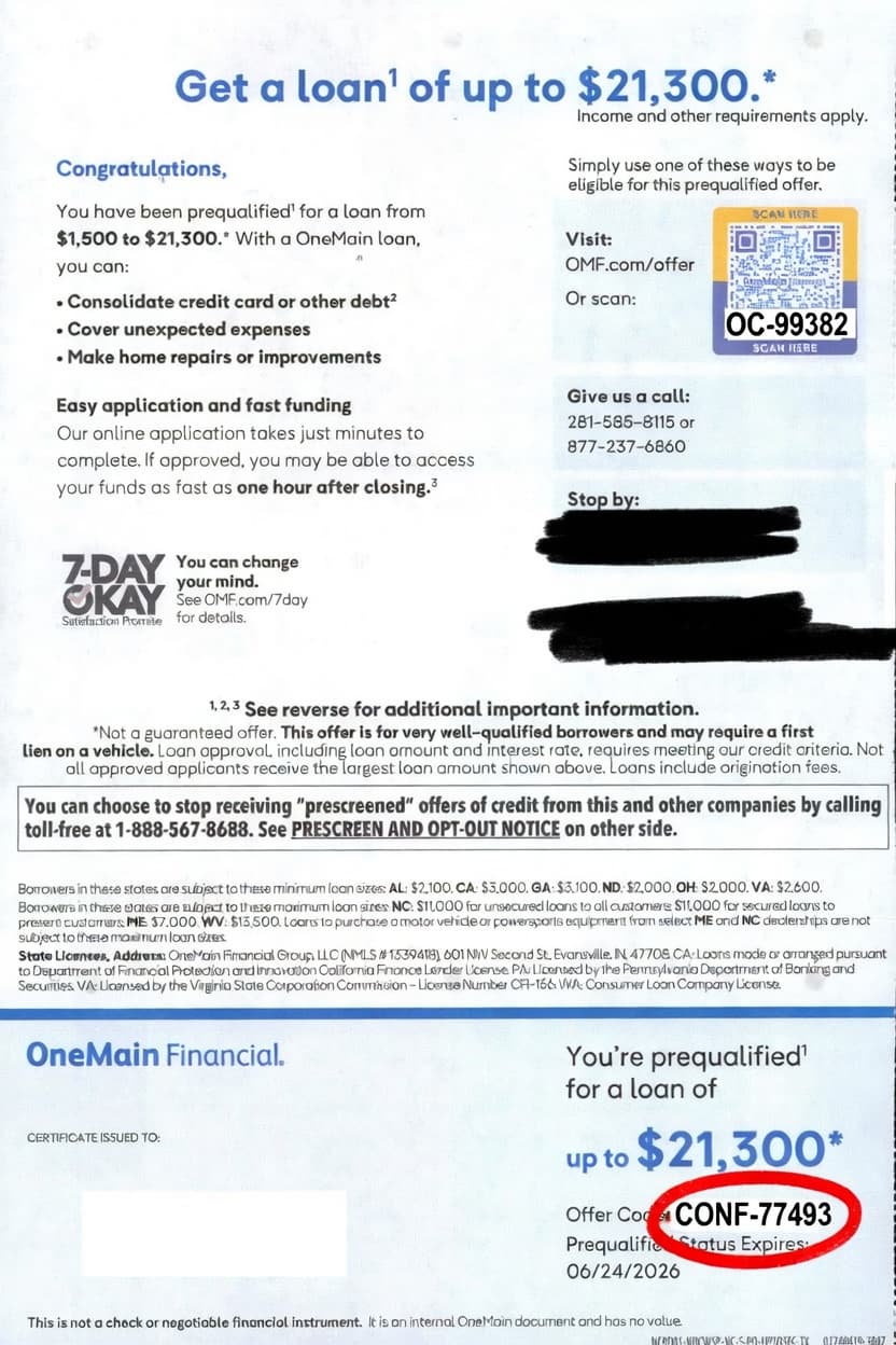 OneMain Financial mail offer sample with offer code Sample OneMain Financial direct mail offer letter showing invitation code and application instructions