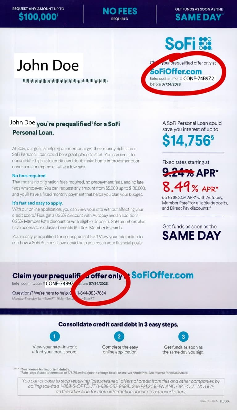 sofioffer.com confirmation code — Format 1 SoFi letter — sofioffer.com confirmation code top right