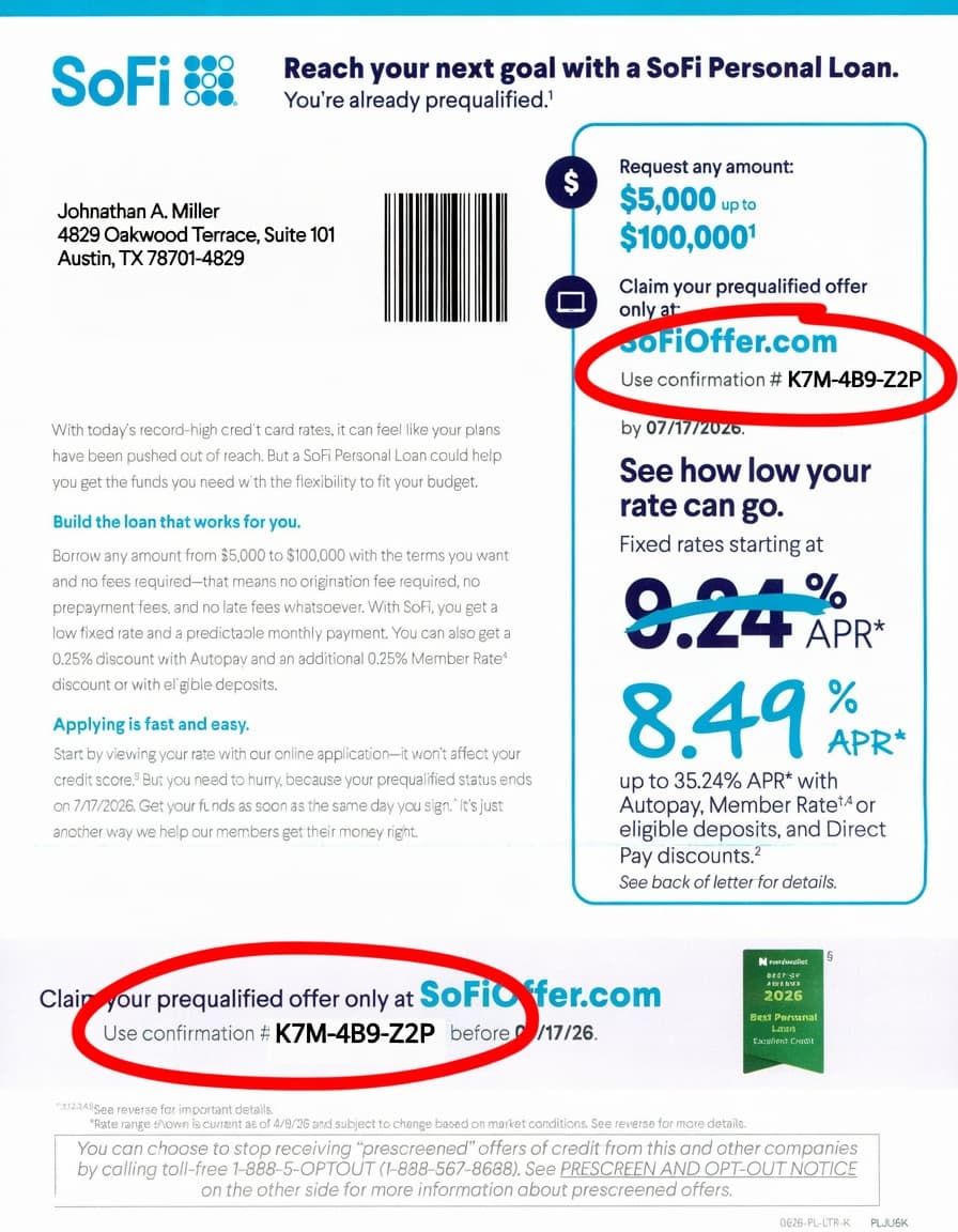 sofioffer.com confirmation code — Format 2 SoFi mailer — reservation code near rate preview