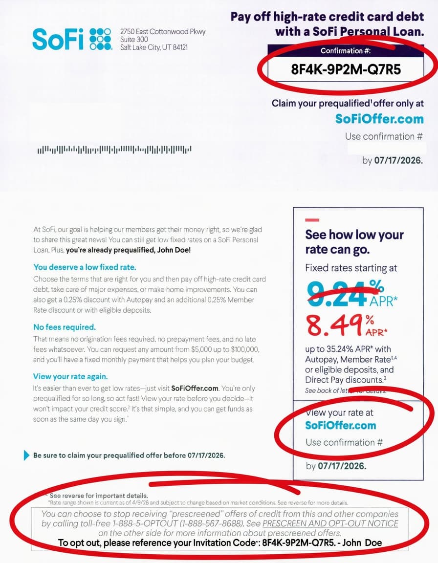 sofioffer.com confirmation code — Format 3 SoFi mailer — offer code location