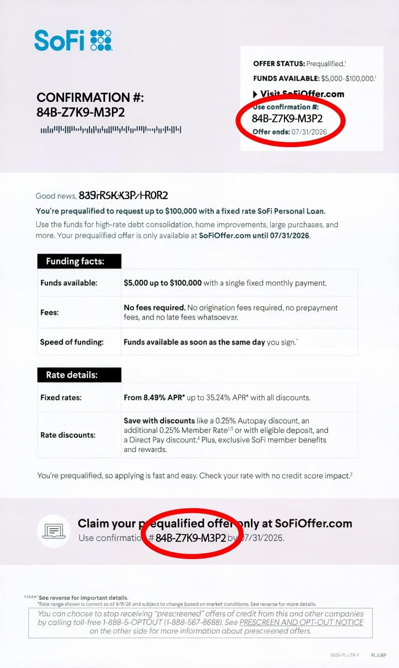 sofioffer.com confirmation code — Format 4 SoFi reply area — confirmation code