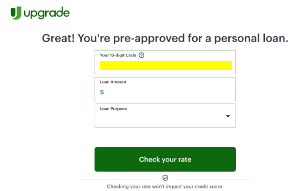 savewithupgrade.com form with an empty code field after the letter QR is scanned