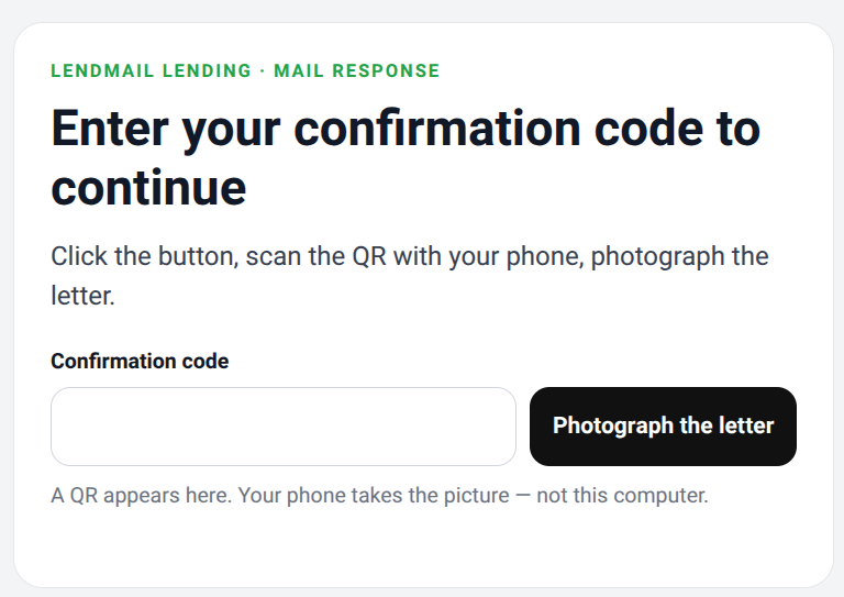 Lendmail Lending demo: empty confirmation field next to Photograph the letter
