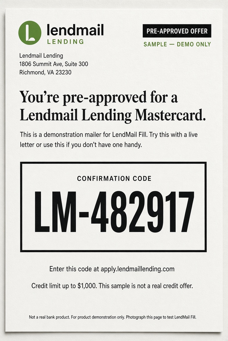 Lendmail Lending sample letter with a confirmation code